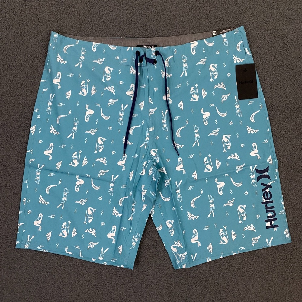 Hurley Deep Sea AOP Swim Board Short Mens 38 Blue Seadoo 9.5" Mermaid Trunks NWT